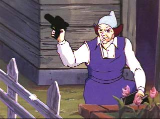 Elderly woman in backyard with flowers and gun