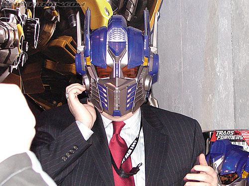 Toy Fair 2007 - New York: Hasbro's Transformers Products - Transformers Event: Aaron Archer demonstrates the Optimus Prime Electronic Helmet.