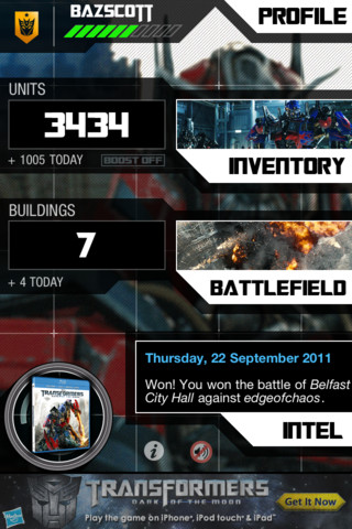 Transformers News: TF3 BATTLE ZONE app to launch in conjunction with DVD / Blu-ray release of DOTM on 9 / 30 Image