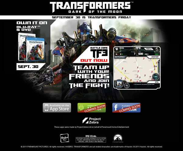 Transformers News: TF3 BATTLE ZONE app to launch in conjunction with DVD / Blu-ray release of DOTM on 9 / 30 Image