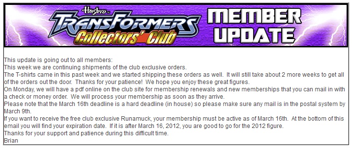 Transformers News: Transformers Collector's Club: Renew by Check or Money Order Image