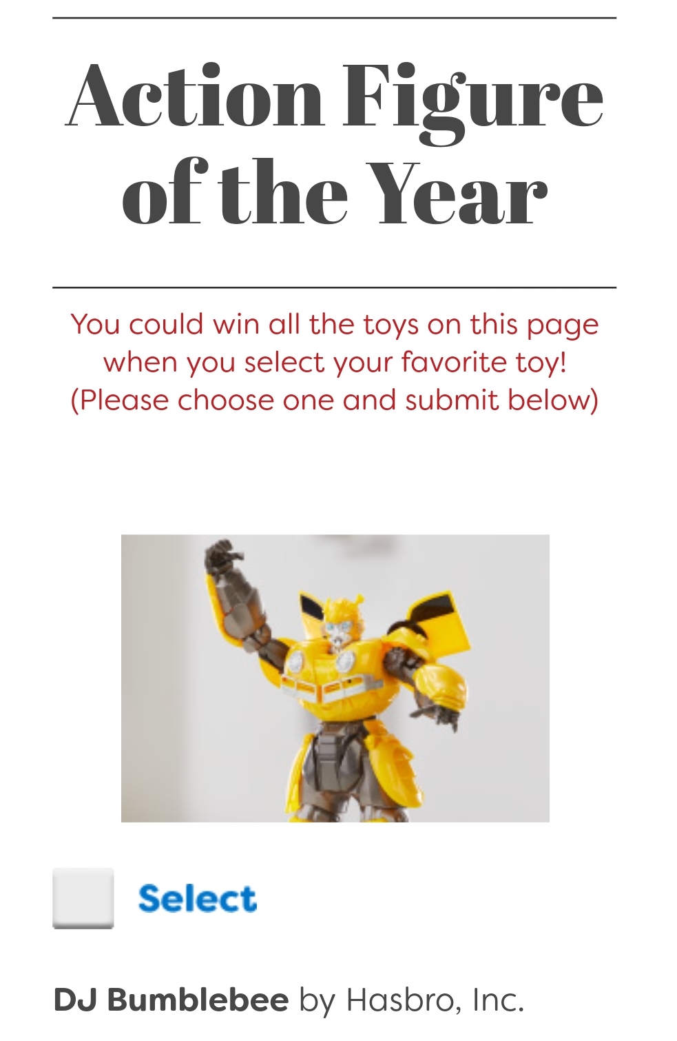 Transformers DJ Bumblebee Nominated for Toy of the Year
