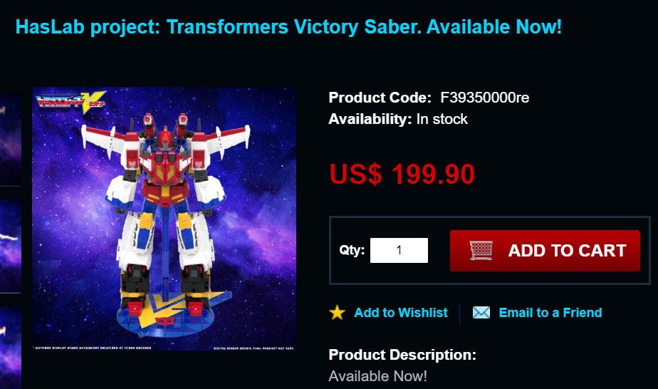 Robot Kingdom has Readily Available Haslab Victory Sabers for $200 for Non US Buyers