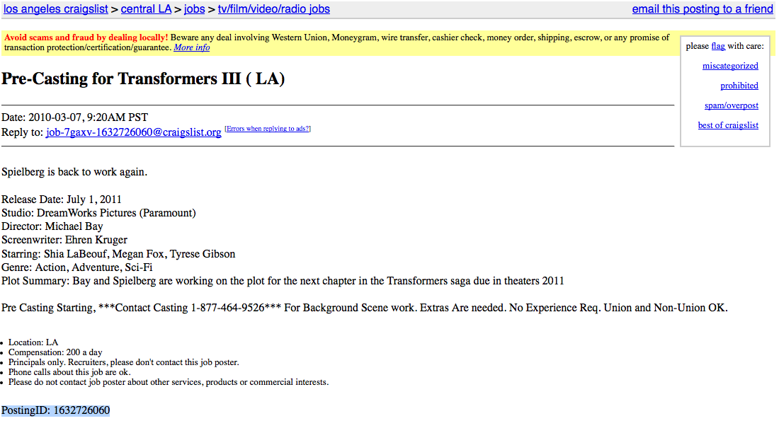 Transformers News: 'craigslist' TRANSFORMERS 3 Movie Extra's Job Listing Image