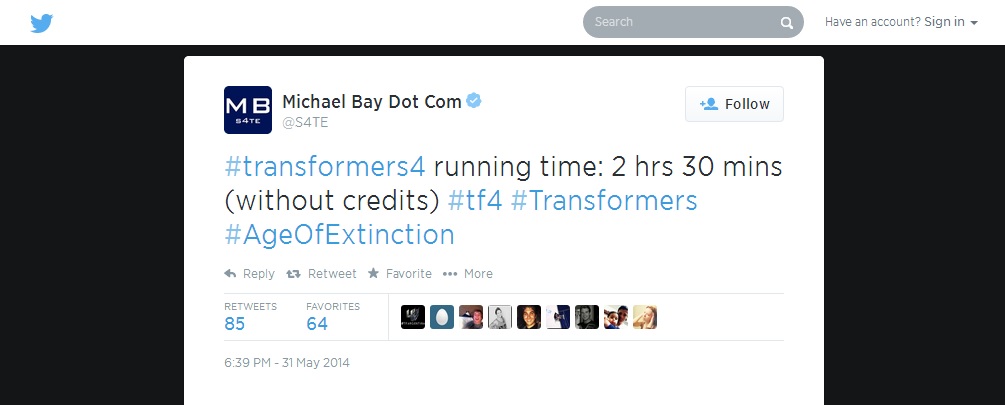 Transformers News: Michael Bay Confirms AoE's Runtime Via Twitter Transformers News: Michael Bay Confirms AoE's Runtime Via Twitter