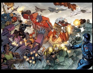Transformers News: Robert Atkins Special Transformers / G.I. Joe Crossover Cover for Transformers: Regeneration One #100 and G.I. Joe: A Real American Hero #200 Colored