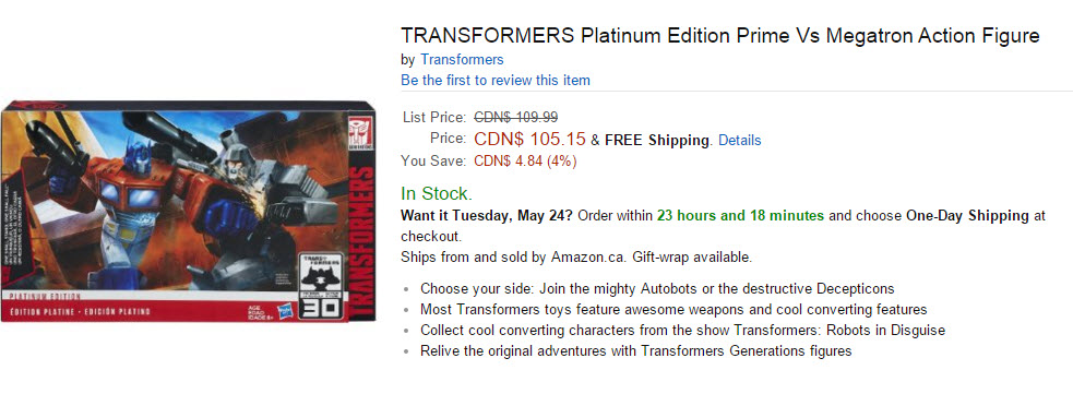 Transformers News: Transformers Platinum Edition Prime Vs Megatron set now Available on Amazon.ca Transformers News: Transformers Platinum Edition Prime Vs Megatron set now Available on Amazon.ca