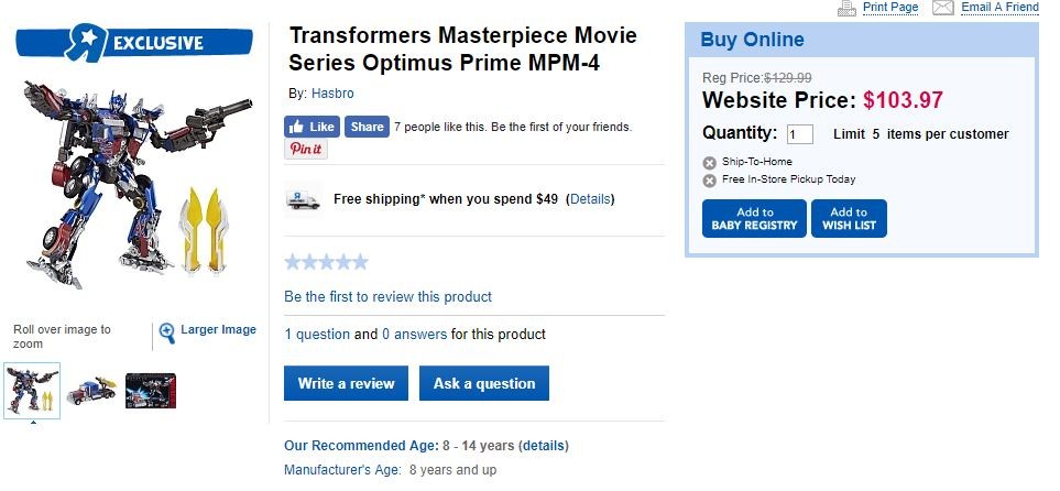 Transformers News: Canada Transformers Sightings Rundown Including MPM Optimus and Current Sale at Toysrus