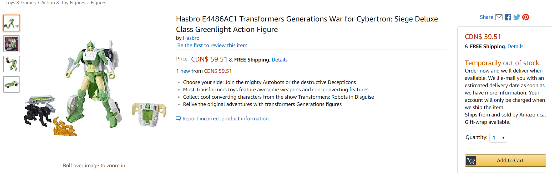 Transformers News: Transformers Siege Greenlight up for Preorder on Amazon.ca for High Price Transformers News: Transformers Siege Greenlight up for Preorder on Amazon.ca for High Price